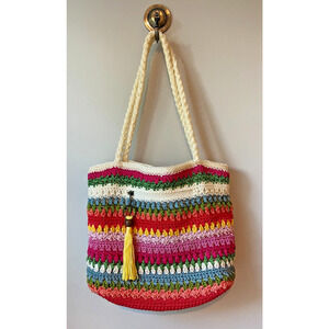 Vintage Croft & Barrow Rainbow Boho Crochet Knit Shoulder Bag, 13"W x 10"H